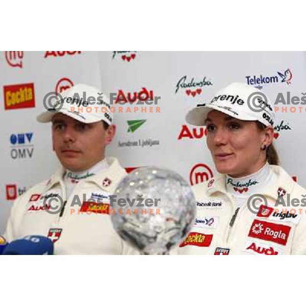 Ivan Hudac and Petra Majdic, winner of FIS Nordic Cross country sprint overall standings for season 2007-2008 pose with the award at press conference in Ljubljana, Slovenia 17.3.2008. 