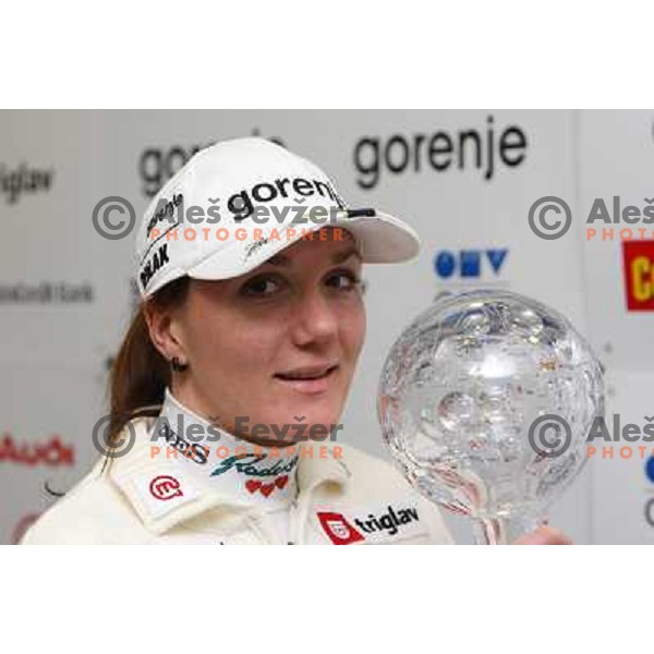 Petra Majdic, winner of FIS Nordic Cross country sprint overall standings for season 2007-2008 pose with the award at press conference in Ljubljana, Slovenia 17.3.2008. 