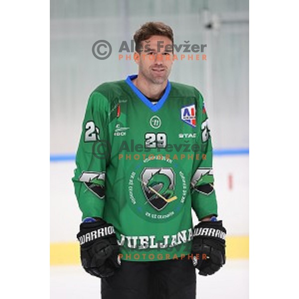 Member of HK SZ Olimpija ice-hockey team for 2020-2021 season in Hala Tivoli, Ljubljana, Slovenia on September 7, 2020