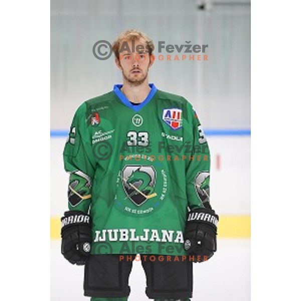 Member of HK SZ Olimpija ice-hockey team for 2020-2021 season in Hala Tivoli, Ljubljana, Slovenia on September 7, 2020