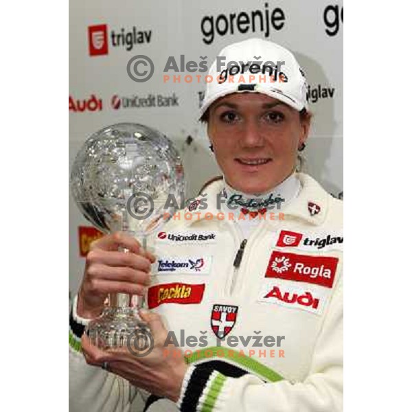 Petra Majdic, winner of FIS Nordic Cross country sprint overall standings for season 2007-2008 pose with the award at press conference in Ljubljana, Slovenia 17.3.2008. 