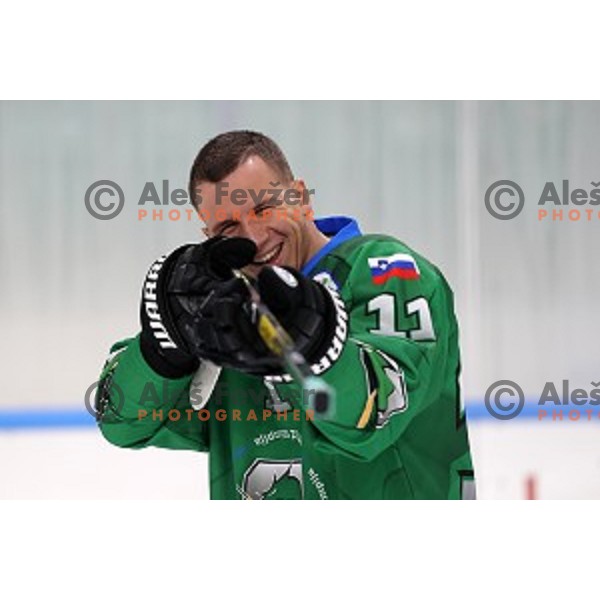Member of HK SZ Olimpija ice-hockey team for 2020-2021 season in Hala Tivoli, Ljubljana, Slovenia on September 7, 2020