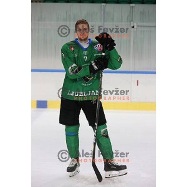 Member of HK SZ Olimpija ice-hockey team for 2020-2021 season in Hala Tivoli, Ljubljana, Slovenia on September 7, 2020