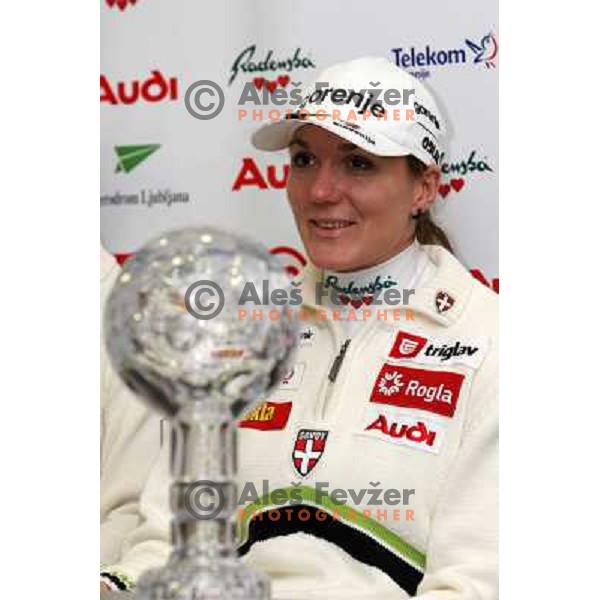 Petra Majdic, winner of FIS Nordic Cross country sprint overall standings for season 2007-2008 poses with the award at press conference in Ljubljana, Slovenia 17.3.2008. 
