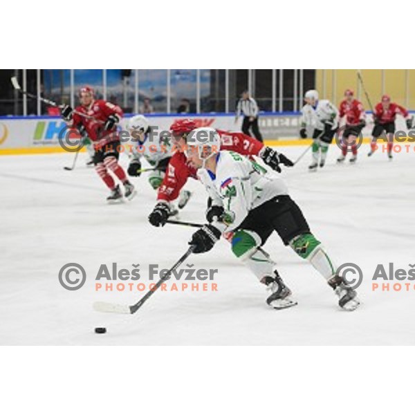 In action during ice-hockey match between SZ Olimpija and Acroni Jesenice in Bled Ice Hall, Slovenia on September 12, 2020