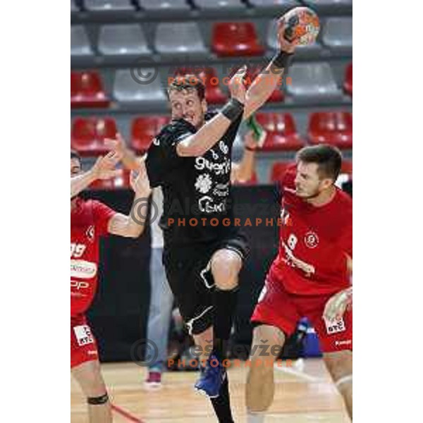 David Miklavcic in action during NLB league handball match between Slovan and Gorenje in Kodeljevo Hall, Ljubljana, Slovenia on September 11, 2020