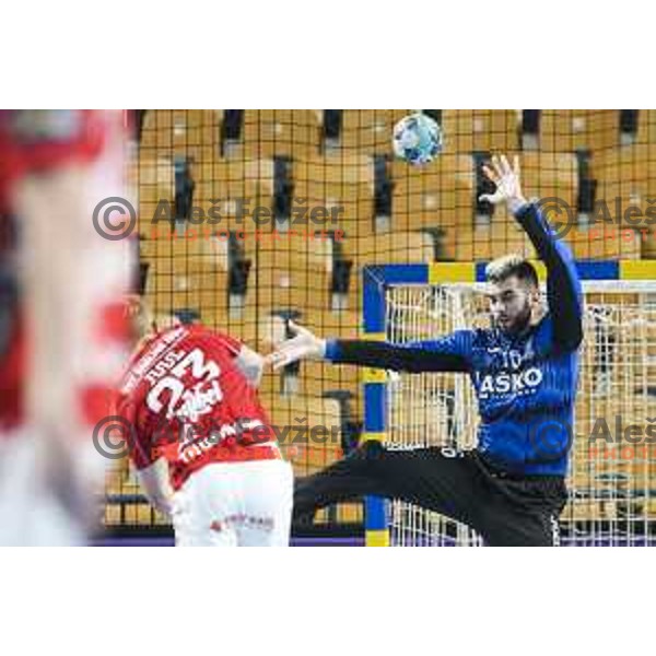 Miljan Vujovic in action during EHF Champions League handball match between Celje Pivovarna Lasko and Aalborg in Arena Zlatorog, Celje, Slovenia on September 16, 2020