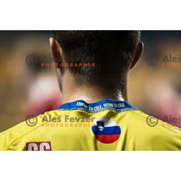 Enkrat za cele, vedno za cele slogan on jersey during EHF Champions League handball match between Celje Pivovarna Lasko and Aalborg in Arena Zlatorog, Celje, Slovenia on September 16, 2020