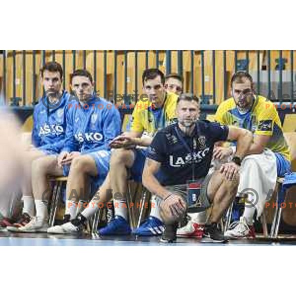 Tomaz Ocvirk, head coach of Celje Pivovarna Lasko in action during EHF Champions League handball match between Celje Pivovarna Lasko and Aalborg in Arena Zlatorog, Celje, Slovenia on September 16, 2020