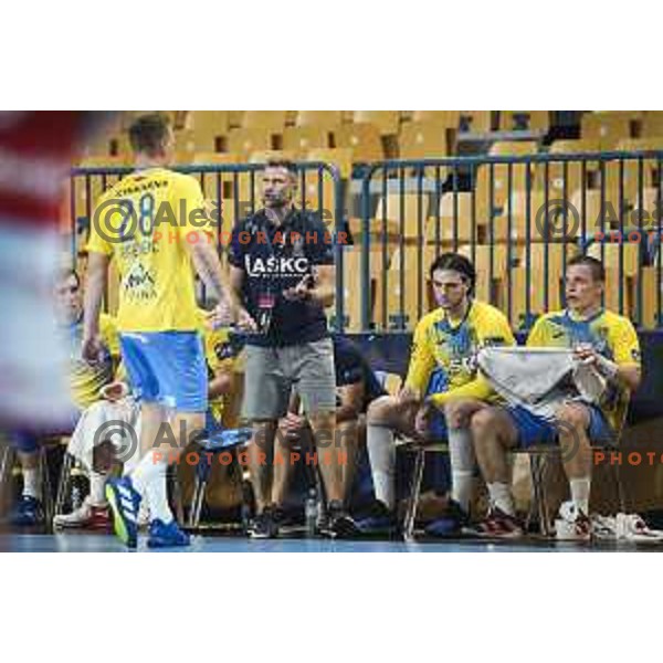 Tomaz Ocvirk, head coach of Celje Pivovarna Lasko in action during EHF Champions League handball match between Celje Pivovarna Lasko and Aalborg in Arena Zlatorog, Celje, Slovenia on September 16, 2020