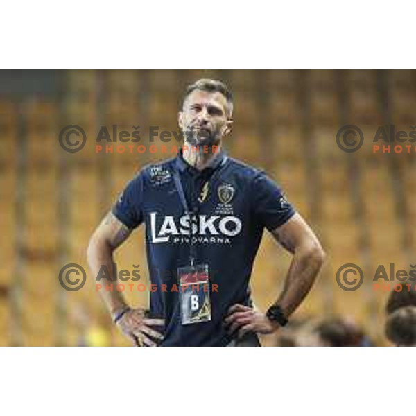 Tomaz Ocvirk, head coach of Celje Pivovarna Lasko in action during EHF Champions League handball match between Celje Pivovarna Lasko and Aalborg in Arena Zlatorog, Celje, Slovenia on September 16, 2020