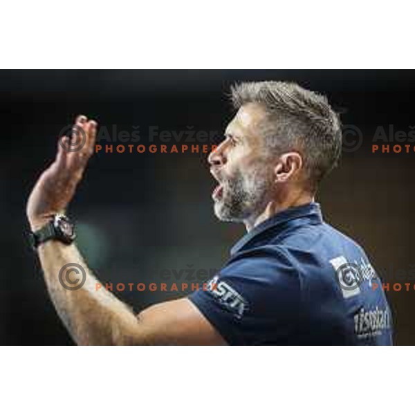 Tomaz Ocvirk, head coach of Celje Pivovarna Lasko in action during EHF Champions League handball match between Celje Pivovarna Lasko and Aalborg in Arena Zlatorog, Celje, Slovenia on September 16, 2020
