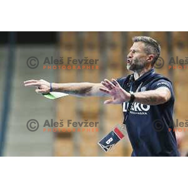 Tomaz Ocvirk, head coach of Celje Pivovarna Lasko in action during EHF Champions League handball match between Celje Pivovarna Lasko and Aalborg in Arena Zlatorog, Celje, Slovenia on September 16, 2020