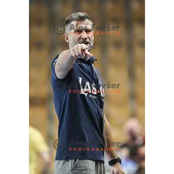 Tomaz Ocvirk, head coach of Celje Pivovarna Lasko in action during EHF Champions League handball match between Celje Pivovarna Lasko and Aalborg in Arena Zlatorog, Celje, Slovenia on September 16, 2020