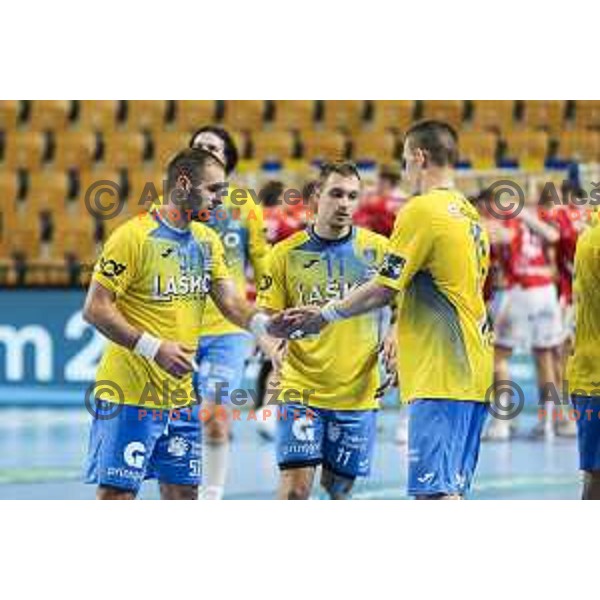 Patrik Leban, Gal Marguc in action during EHF Champions League handball match between Celje Pivovarna Lasko and Aalborg in Arena Zlatorog, Celje, Slovenia on September 16, 2020