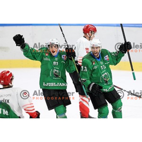 Tadej Cimzar and Ziga Pance in action during semi-final of Slovenian Ice-Hockey Cup between SZ Olimpija and SIJ Acroni Jesenice in Tivoli Hall, Ljubljana, Slovenia on September 18, 2020