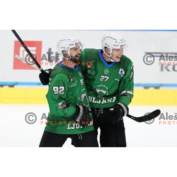 Aleksandar Magovac and Kristjan Cepon during semi-final of Slovenian Ice-Hockey Cup between SZ Olimpija and SIJ Acroni Jesenice in Tivoli Hall, Ljubljana, Slovenia on September 18, 2020