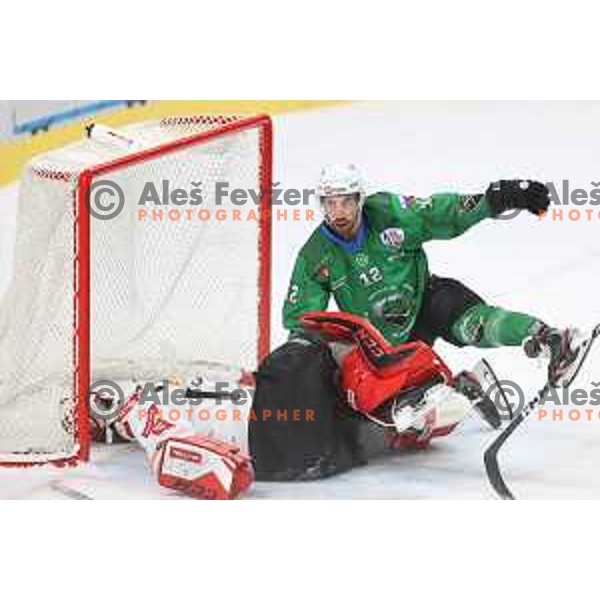 Zan Us and Nik Simsic in action during semi-final of Slovenian Ice-Hockey Cup between SZ Olimpija and SIJ Acroni Jesenice in Tivoli Hall, Ljubljana, Slovenia on September 18, 2020