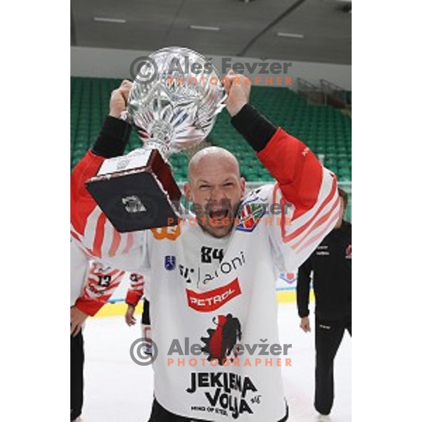 Andrej Hebar in action during Slovenian Cup Final ice-hockey match between SIJ Acroni Jesenice and MK Bled in Ljubljana, Slovenia on September 19, 2020