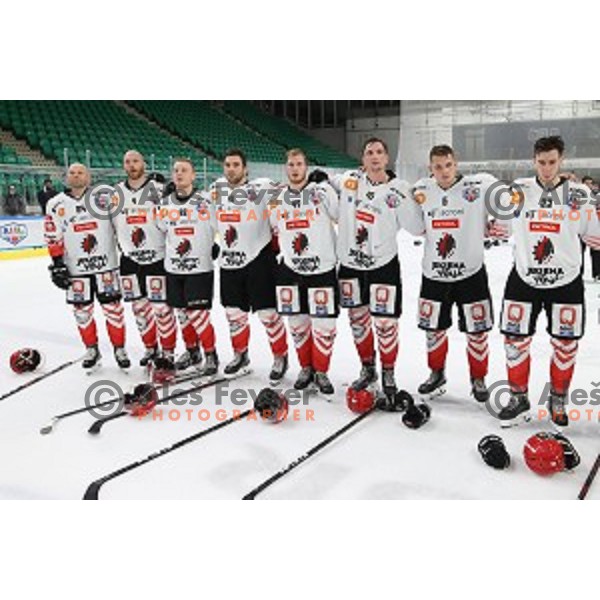Andrej Hebar, Andrej Tavzelj, Blaz Tomazevic and Zan Jezovsek celebrate victory in the Final of Slovenian Cup ice-hockey match between SIJ Acroni Jesenice and MK Bled in Ljubljana, Slovenia on September 19, 2020