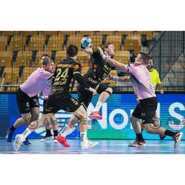 Sander Sagosen vs Vid Poteko in action during EHF Champions League handball match between Celje Pivovarna Lasko and Kiel in Arena Zlatorog, Celje, Slovenia on October 1, 2020