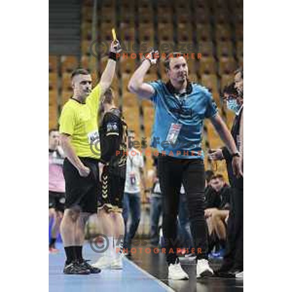 Referee Marko Boricic and Filip Jicha, head coach of Kiel in action during EHF Champions League handball match between Celje Pivovarna Lasko and Kiel in Arena Zlatorog, Celje, Slovenia on October 1, 2020