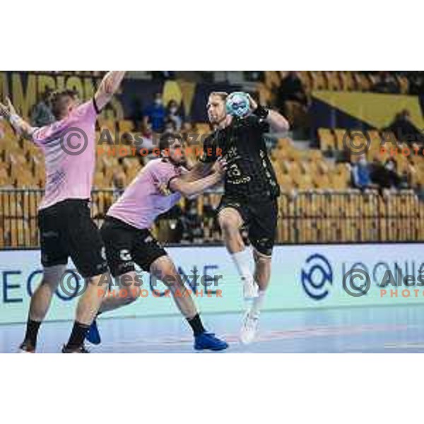 Josip Sarac vs Steffen Weinhold in action during EHF Champions League handball match between Celje Pivovarna Lasko and Kiel in Arena Zlatorog, Celje, Slovenia on October 1, 2020