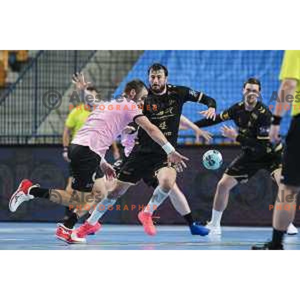 Patrik Leban vs Domagoj Duvnjak in action during EHF Champions League handball match between Celje Pivovarna Lasko and Kiel in Arena Zlatorog, Celje, Slovenia on October 1, 2020