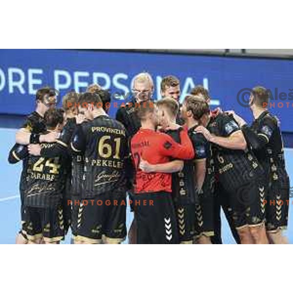 Players of Kiel celebrating after EHF Champions League handball match between Celje Pivovarna Lasko and Kiel in Arena Zlatorog, Celje, Slovenia on October 1, 2020