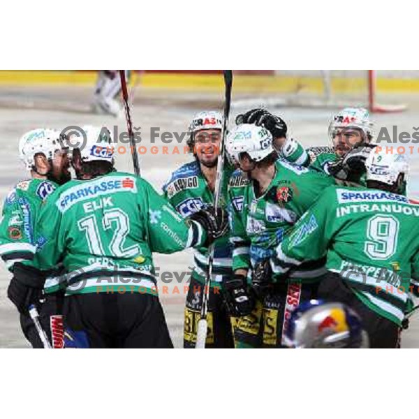 Celebration of first goal for ZM Olimpija at ice-hockey game ZM Olimpija-Red Bulls Salzburg in fourth game of the Final of EBEL league, played in Ljubljana, Slovenia 20.3.2008 