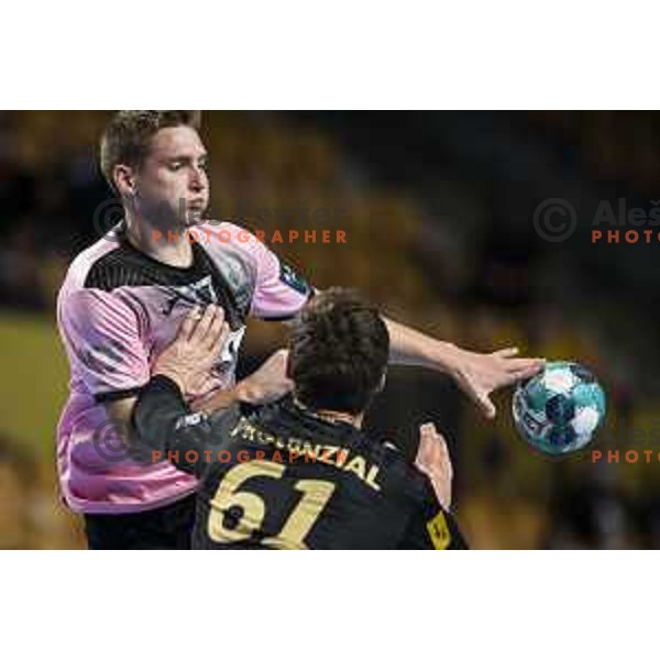 Domen Novak in action during EHF Champions League handball match between Celje Pivovarna Lasko and Kiel in Arena Zlatorog, Celje, Slovenia on October 1, 2020