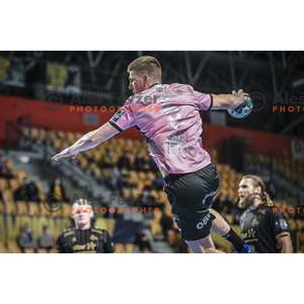 Tadej Mazej in action during EHF Champions League handball match between Celje Pivovarna Lasko and Kiel in Arena Zlatorog, Celje, Slovenia on October 1, 2020