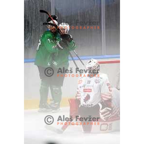 Ziga Pance and Ales Music in action during Alps League ice-hockey match between SZ Olimpija and SIJ Acroni Jesenice in Ljubljana, Slovenia on October 3, 2020