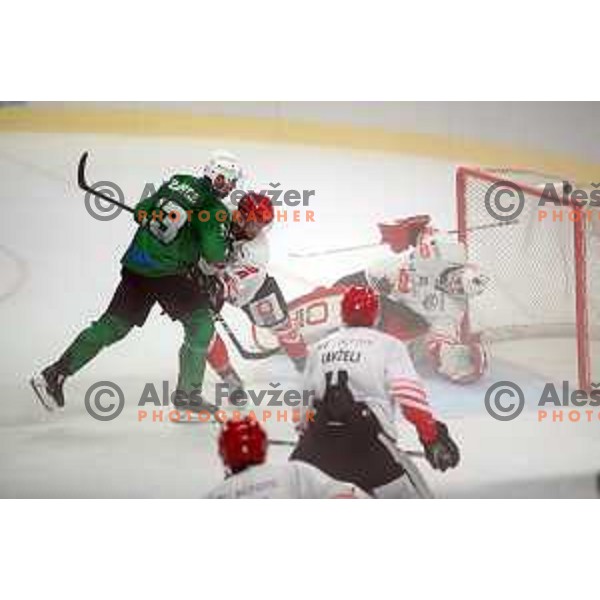 Ziga Pance and Zan Us in action during Alps League ice-hockey match between SZ Olimpija and SIJ Acroni Jesenice in Ljubljana, Slovenia on October 3, 2020
