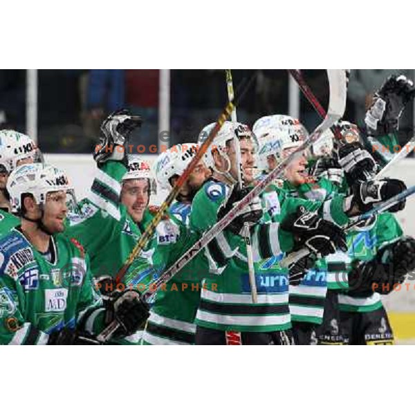 Victory celebration at ice-hockey game ZM Olimpija-Red Bulls Salzburg in fourth game of the Final of EBEL league, played in Ljubljana, Slovenia 20.3.2008. ZM Olimpija won the game 4:3 and leads series 3:1. Photo by Ales Fevzer 