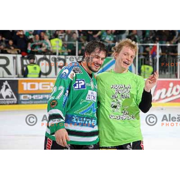 McCarthy and Petrialinen at ice-hockey game ZM Olimpija-Red Bulls Salzburg in fourth game of the Final of EBEL league, played in Ljubljana, Slovenia 20.3.2008. ZM Olimpija won the game 4:3 and leads series 3:1. Photo by Ales Fevzer 