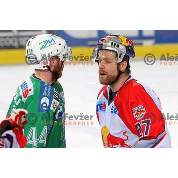 Tavzelj (44) and Royer (27) at ice-hockey game ZM Olimpija-Red Bulls Salzburg in the Final of EBEL league, played in Ljubljana, Slovenia 20.3.2008. ZM Olimpija won the game 4:3 and leads series 3:1. Photo by Ales Fevzer 