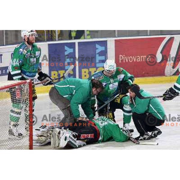 Injured Alex Westlund at ice-hockey game ZM Olimpija-Red Bulls Salzburg in the Final of EBEL league, played in Ljubljana, Slovenia 20.3.2008. ZM Olimpija won the game 4:3 and leads series 3:1. Photo by Ales Fevzer 