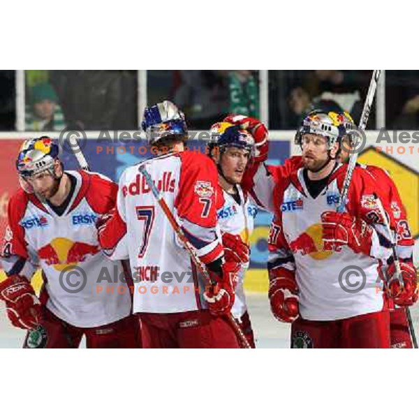 RBS players celebrate goal at ice-hockey game ZM Olimpija-Red Bulls Salzburg in the Final of EBEL league, played in Ljubljana, Slovenia 20.3.2008. ZM Olimpija won the game 4:3 and leads series 3:1. Photo by Ales Fevzer 