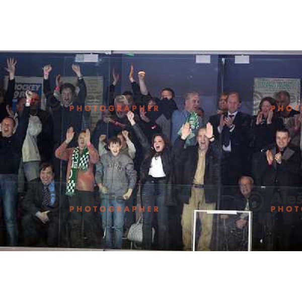 Alenka Gotar and VIPs celebrate victory at ice-hockey game ZM Olimpija-Red Bulls Salzburg in the Final of EBEL league, played in Ljubljana, Slovenia 20.3.2008. ZM Olimpija won the game 4:3 and leads series 3:1. Photo by Ales Fevzer 