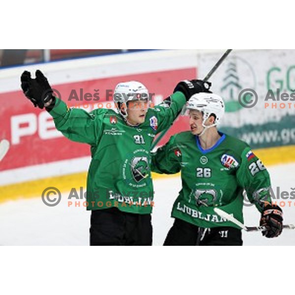 Tadej Cimzar celebrate goal during Alps league ice-hockey match between Acroni Jesenice and SZ Olimpija in Podmezakla Hall, Jesenice, Slovenia on October 8, 2020