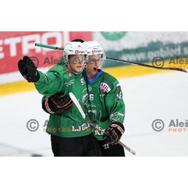 Tadej Cimzar celebrate goal during Alps league ice-hockey match between Acroni Jesenice and SZ Olimpija in Podmezakla Hall, Jesenice, Slovenia on October 8, 2020