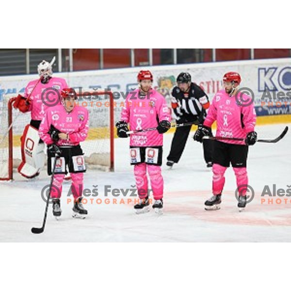 Jaka Sodja, Andrej Tavzelj and Zan Jezovsek of SIJ Acroni Jesenice during Alps league ice-hockey match between SIJ Acroni Jesenice and Steel Wings Linz in Podmezakla Hall, Jesenice, Slovenia on October 10, 2020