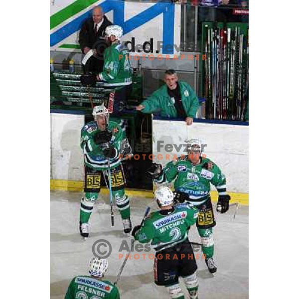 MItchell and players celebrate fourth goal for ZM Olimpija at ice-hockey game ZM Olimpija-Red Bulls Salzburg in the Final of EBEL league, played in Ljubljana, Slovenia 20.3.2008. ZM Olimpija won the game 4:3 and leads series 3:1. Photo by Ales Fevzer 
