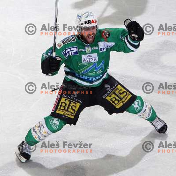 Mitchell celebrates fourth goal for ZM Olimpija at ice-hockey game ZM Olimpija-Red Bulls Salzburg in fourth game of the Final of EBEL league, played in Ljubljana, Slovenia 20.3.2008 