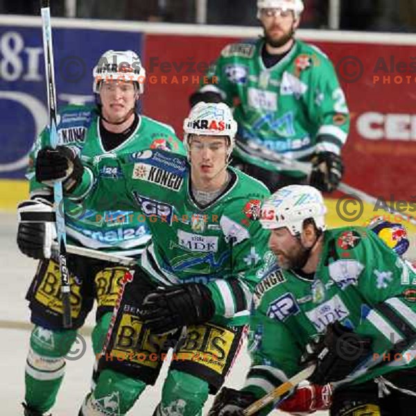 Petrilainen, Pavlin and Zupancic at ice-hockey game ZM Olimpija-Red Bulls Salzburg in the Final of EBEL league, played in Ljubljana, Slovenia 20.3.2008. ZM Olimpija won the game 4:3 and leads series 3:1. Photo by Ales Fevzer 