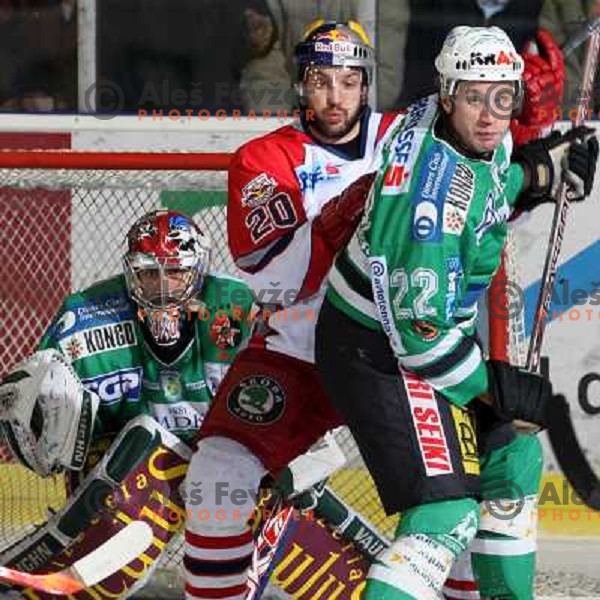 Westlund,Welser (20), Kuznik (22) at ice-hockey game ZM Olimpija-Red Bulls Salzburg in the Final of EBEL league, played in Ljubljana, Slovenia 20.3.2008. ZM Olimpija won the game 4:3 and leads series 3:1. Photo by Ales Fevzer 