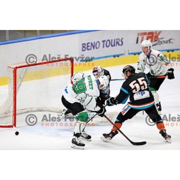 Anze Ropret of SZ Olimpija in action during Alps League ice-hockey match between SZ Olimpija and Steel Wings Linz in Ljubljana, Slovenia on October 17, 2020
