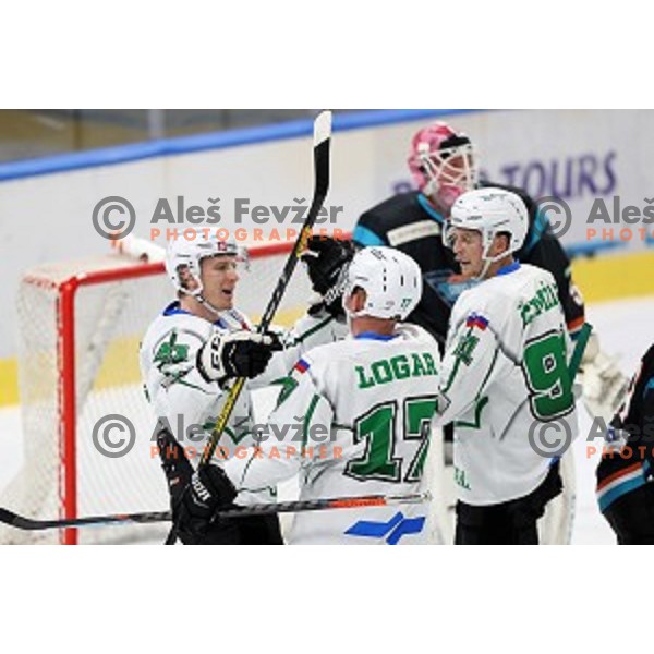 Jan Drozg, Miha Logar and Tadej Cimzar of SZ Olimpija in action during Alps League ice-hockey match between SZ Olimpija and Steel Wings Linz in Ljubljana, Slovenia on October 17, 2020