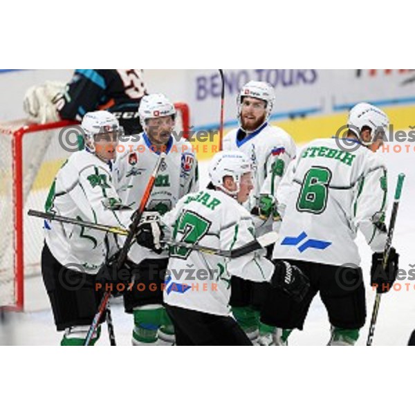 Jan Drozg, Tadej Cimzar, Miha Logar, Miha Zajc and Miha Stebih of SZ Olimpija celebrate goal during Alps League ice-hockey match between SZ Olimpija and Steel Wings Linz in Ljubljana, Slovenia on October 17, 2020
